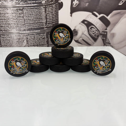 Autographed Penguins Black Hockey History Puck, Various Players