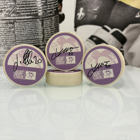Autographed Penguins Hockey Fights Cancer Puck, Various Players